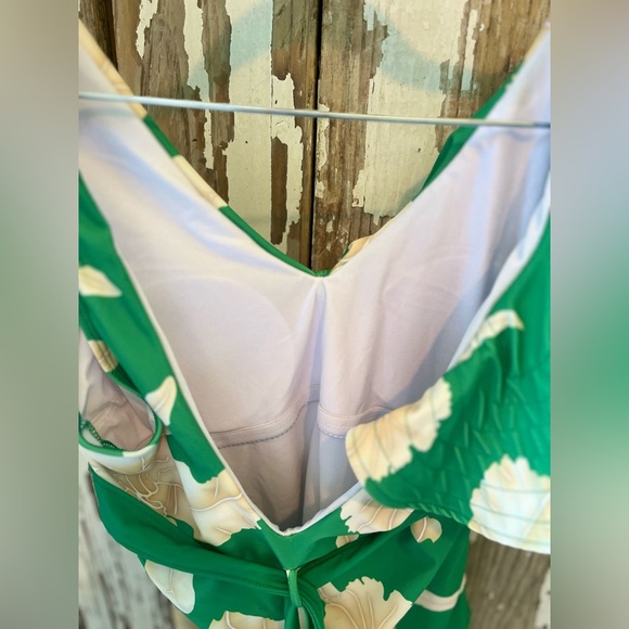One Piece Green & Tan Ruffle Shoulder tie swimsuit size medium floral print NWOT - Picture 9 of 10